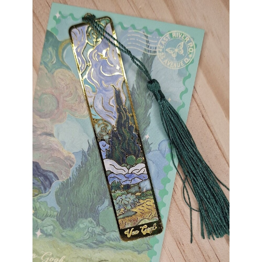 Van Gogh Art Green Gold Bookmark With Tassel